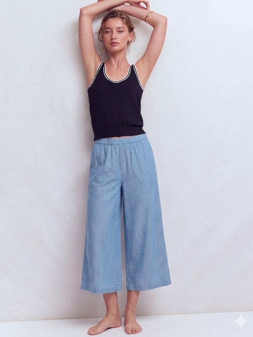 100% Linen Cynthia Rowley Wide Leg Crop Pants In Light Blue Sz XL